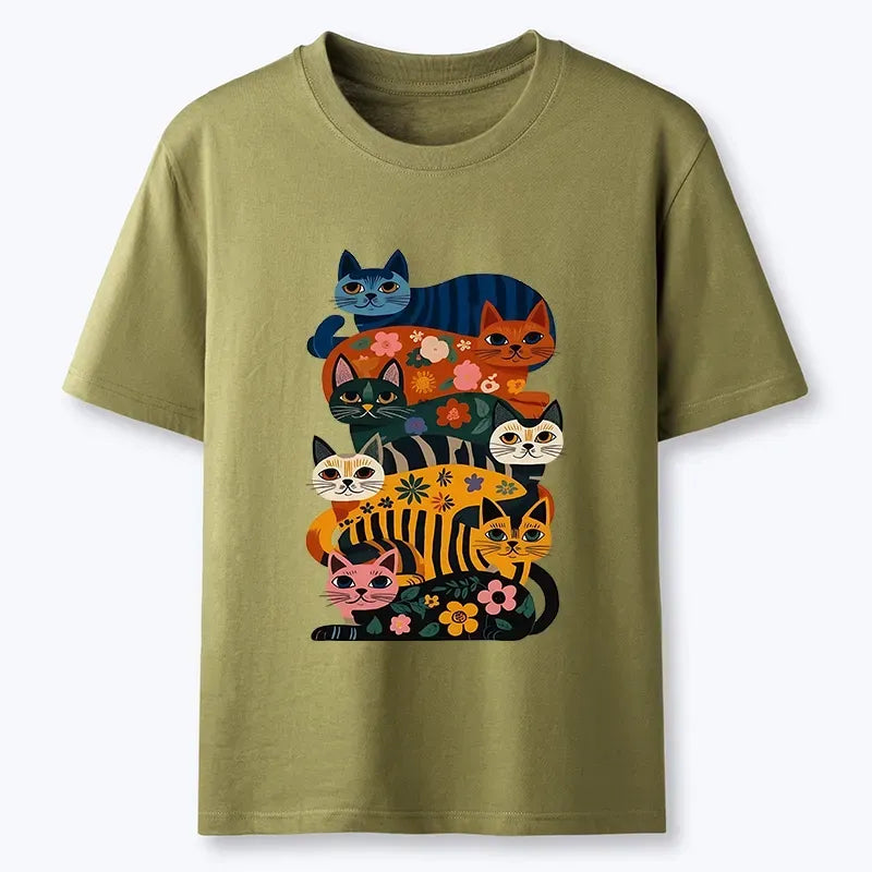 Japanese retro floral cat t-shirt for daily wear