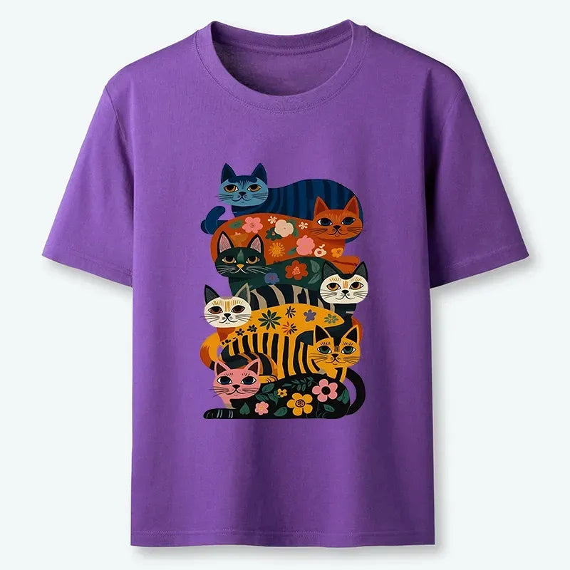 Japanese retro floral cat t-shirt for daily wear