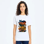 Japanese retro floral cat t-shirt for daily wear