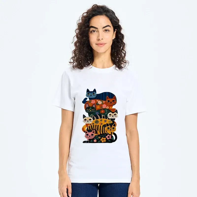 Japanese retro floral cat t-shirt for daily wear