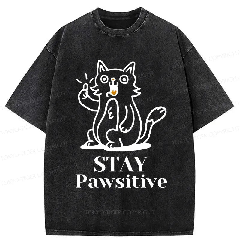 Kyoto-Lion Stay Positive Cat Washed T-Shirt