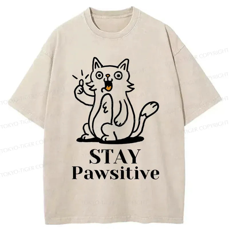 Kyoto-Lion Stay Positive Cat Washed T-Shirt