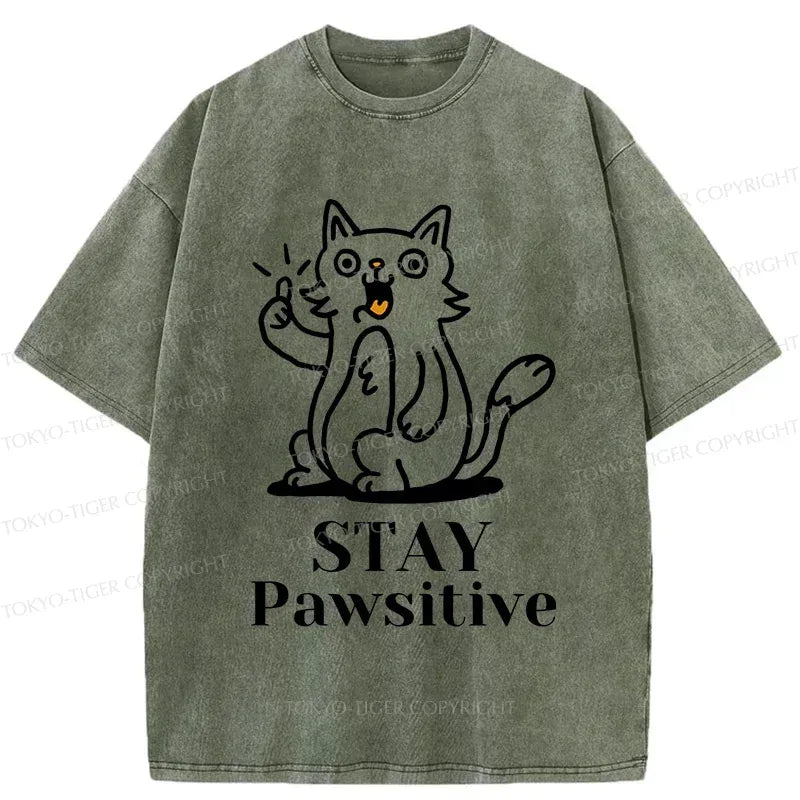 Kyoto-Lion Stay Positive Cat Washed T-Shirt