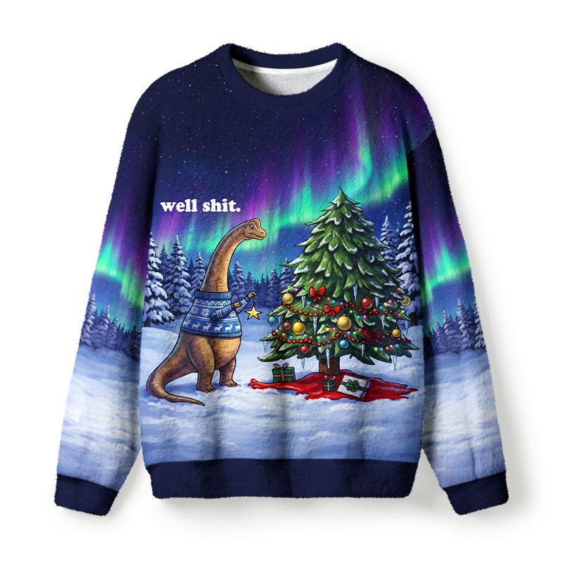 Kyoto-Lion Funny Aurora Dinosaur Fuzzy Christmas Ugly Sweatshirt