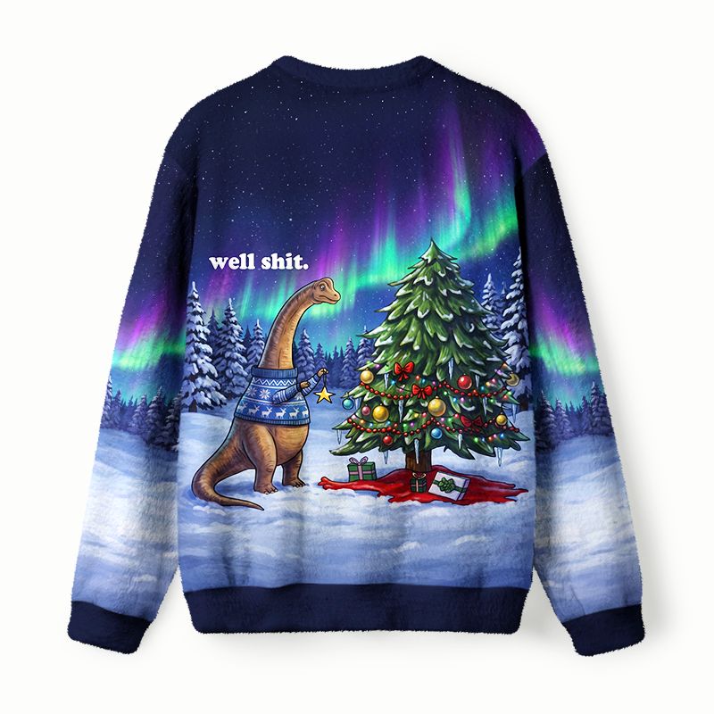 Kyoto-Lion Funny Aurora Dinosaur Fuzzy Christmas Ugly Sweatshirt