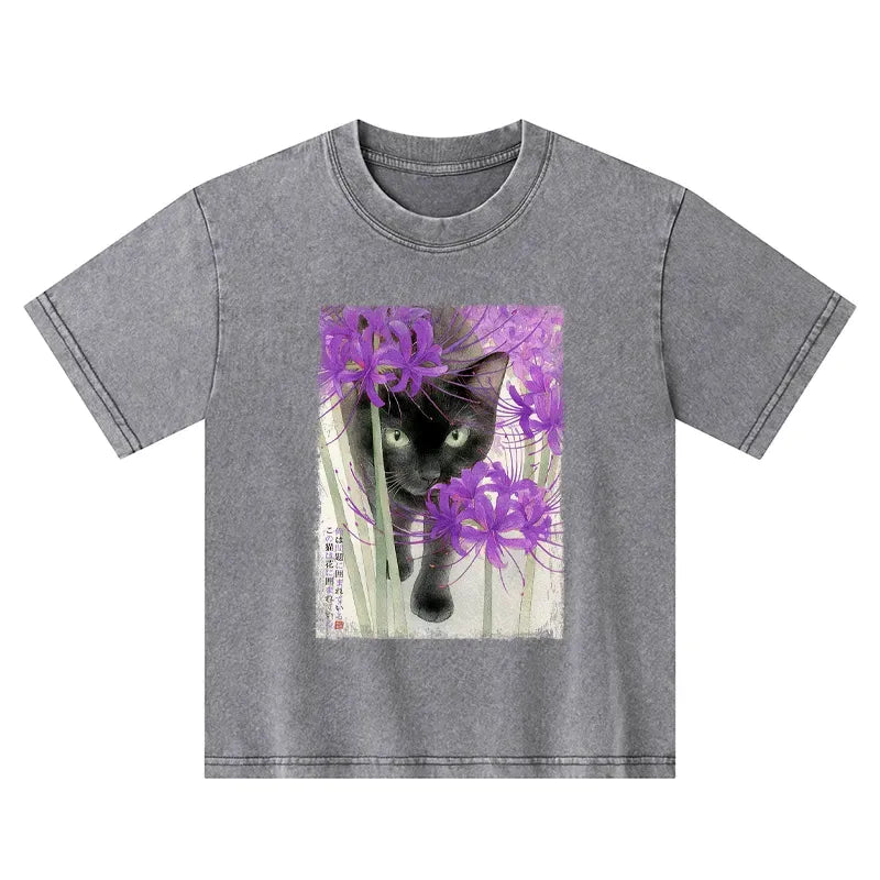 Kyoto-Lion A Cat Among The Flowers Kids Washed T-Shirt