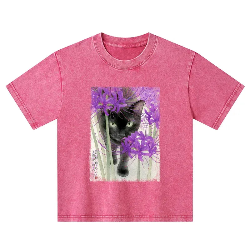 japanese cat among flowers kids t-shirt