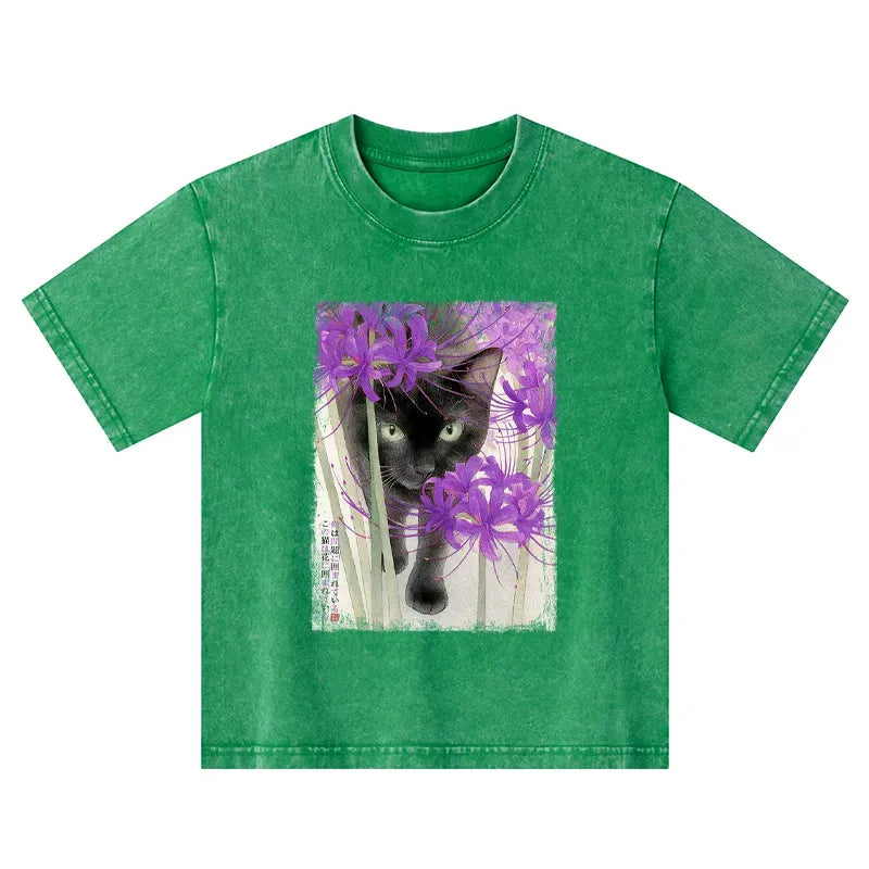 japanese cat among flowers kids t-shirt