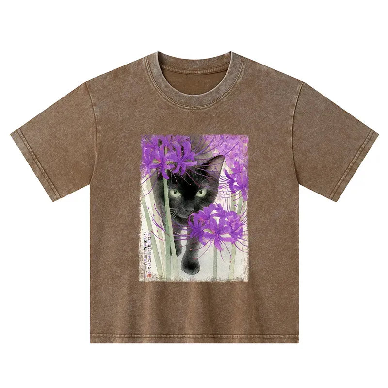japanese cat among flowers kids t-shirt
