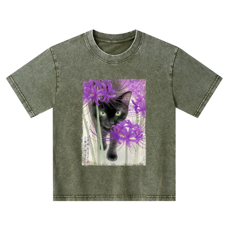 japanese cat among flowers kids t-shirt