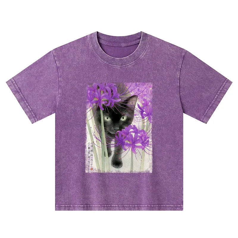 japanese cat among flowers kids t-shirt