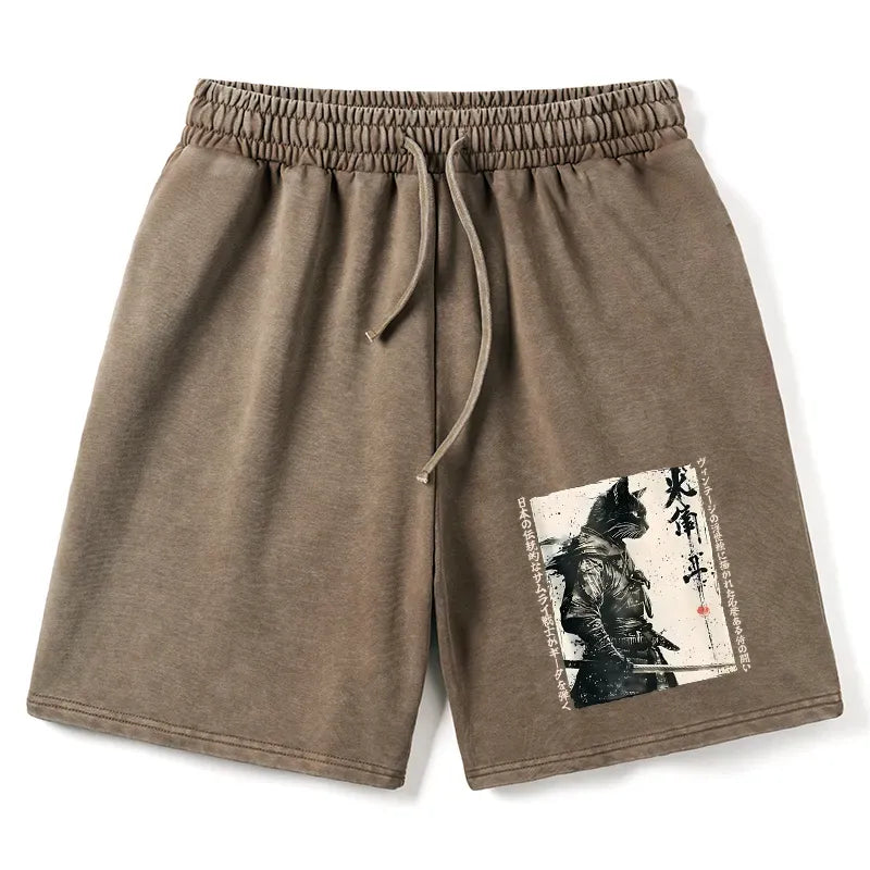 Kyoto-Lion Cat Samurai Retro Washed Shorts