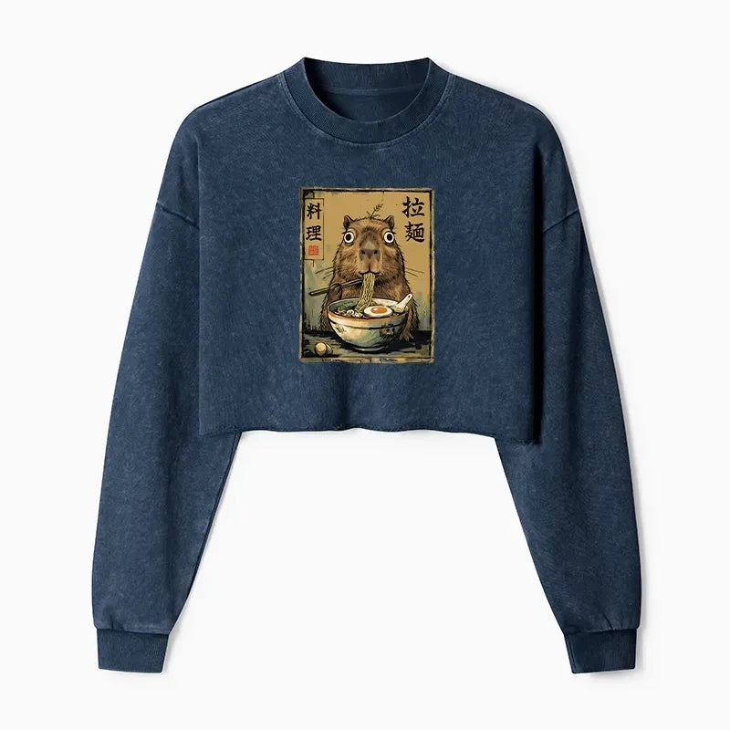 Cute Capybara Eating Ramen Crop Sweatshirt for Women