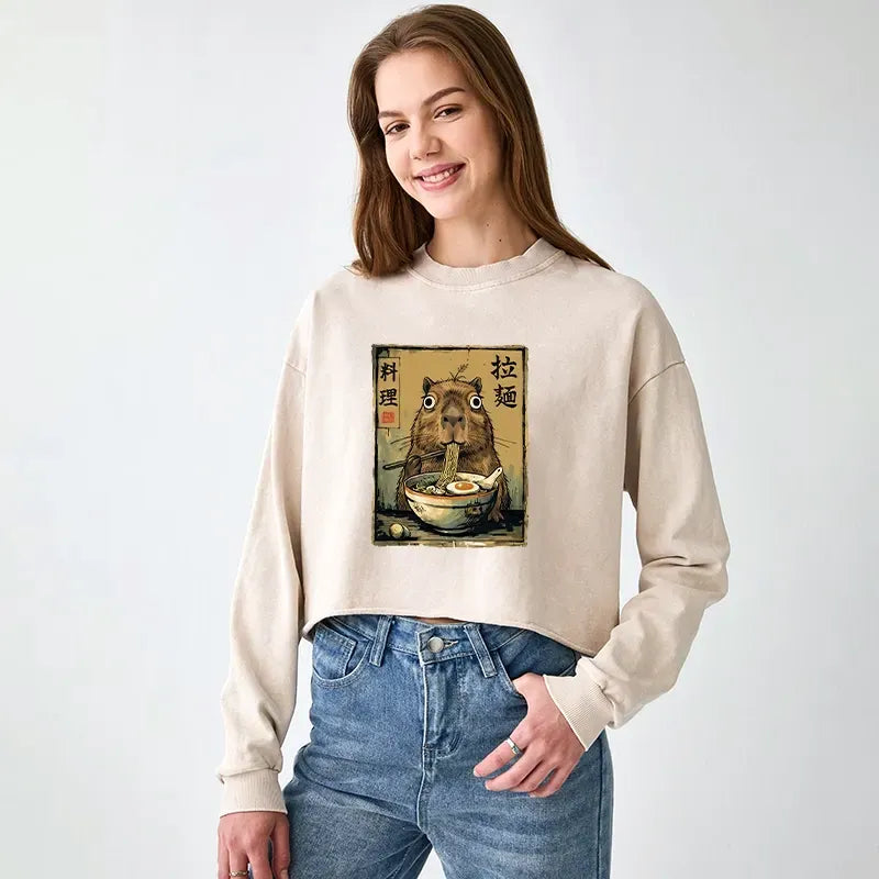 Cute Capybara Eating Ramen Crop Sweatshirt for Women