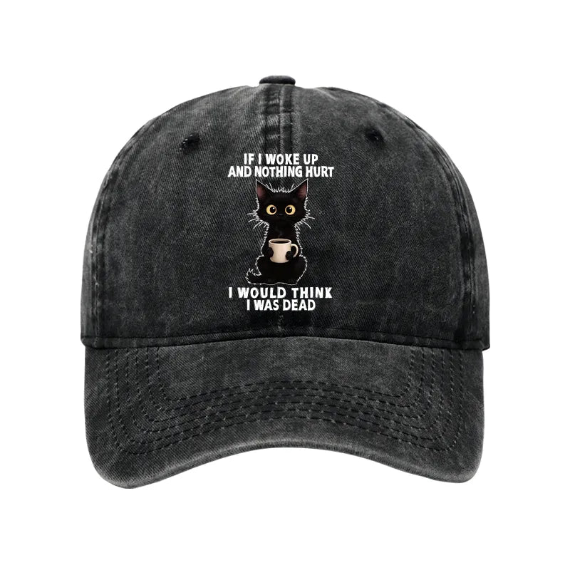 Kyoto-Lion Funny Cute Black Cat And Coffee Meme Washed Cap