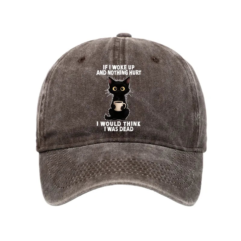 Kyoto-Lion Funny Cute Black Cat And Coffee Meme Washed Cap