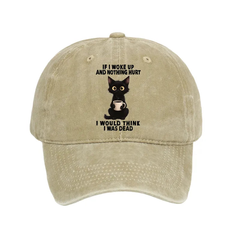 Kyoto-Lion Funny Cute Black Cat And Coffee Meme Washed Cap