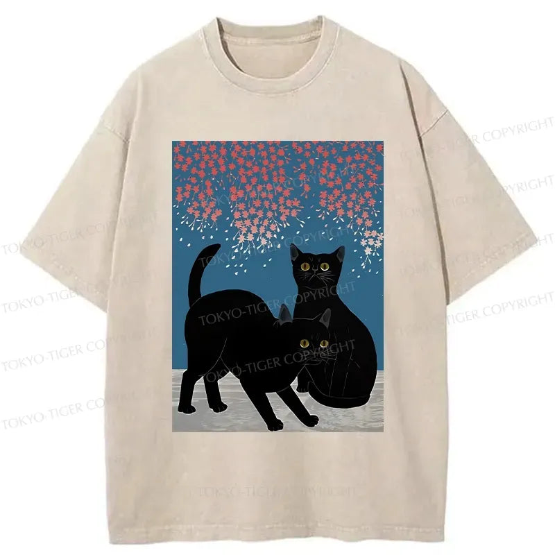 Kyoto-Lion Black Cat Under The Sakura Washed T-Shirt