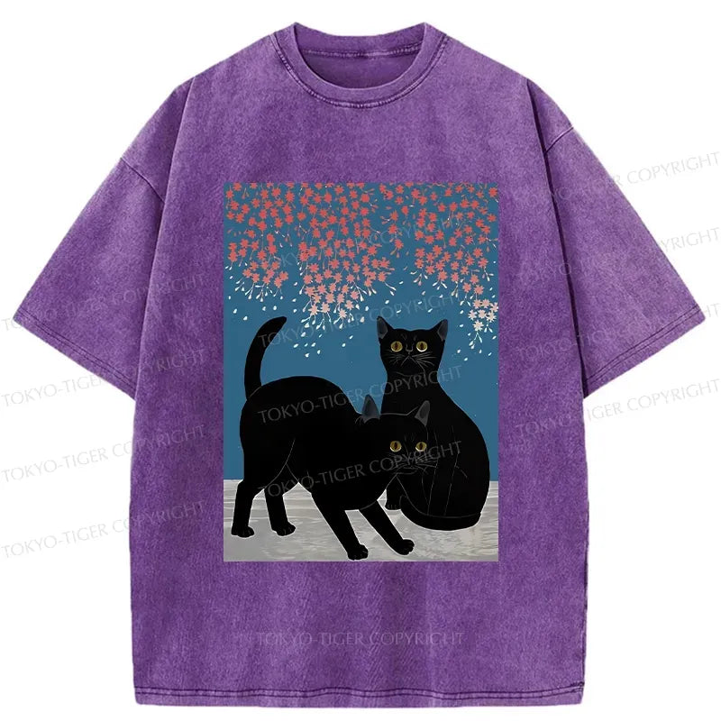 Kyoto-Lion Black Cat Under The Sakura Washed T-Shirt