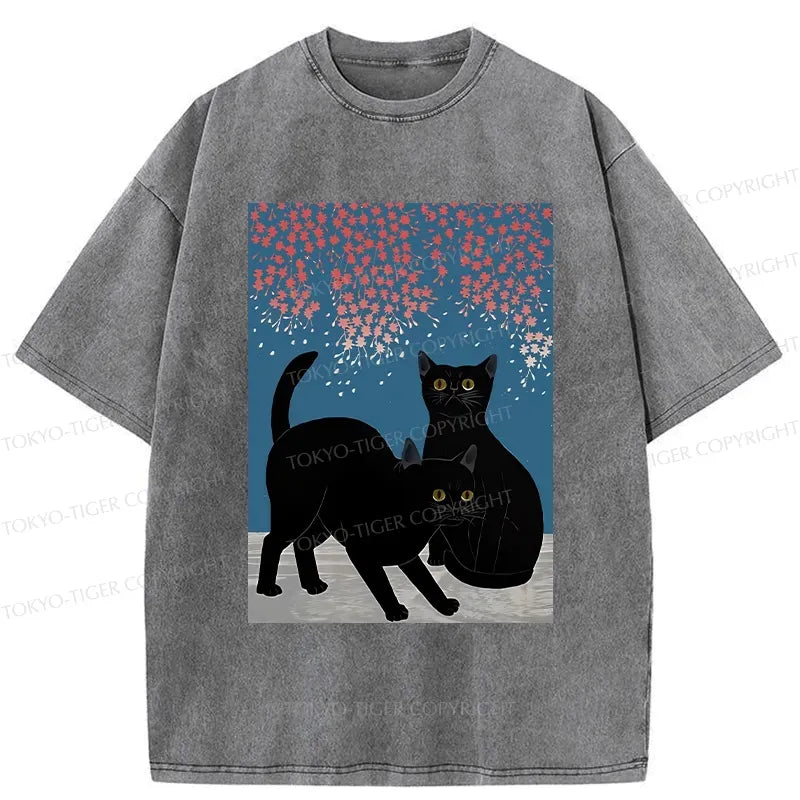 Kyoto-Lion Black Cat Under The Sakura Washed T-Shirt