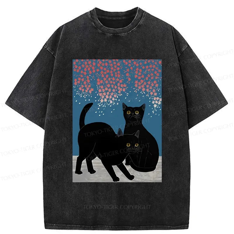 Kyoto-Lion Black Cat Under The Sakura Washed T-Shirt