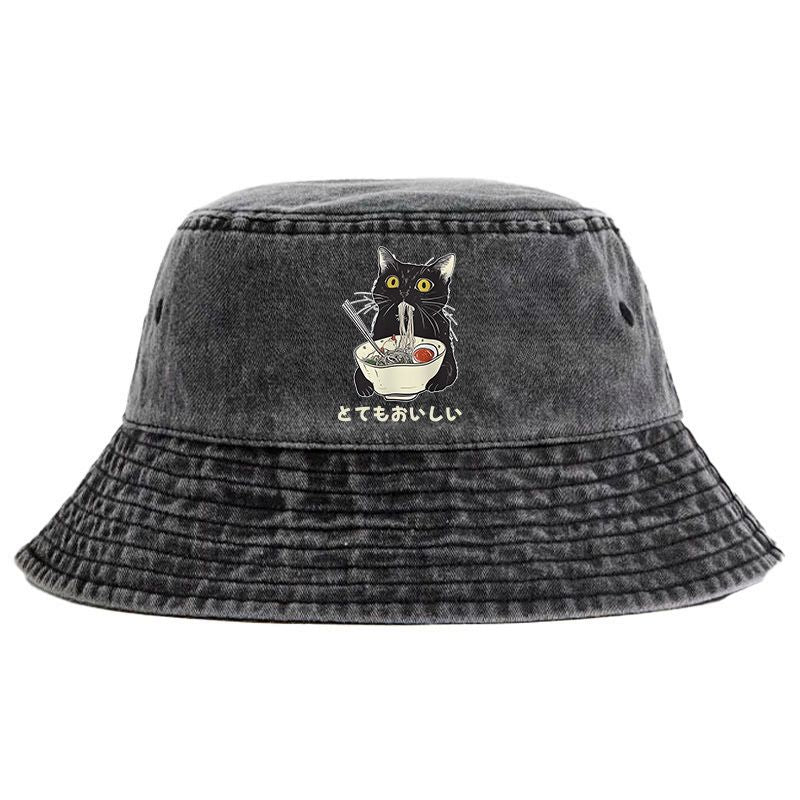 Kyoto-Lion Cats Eat Ramen Noodles Washed Bucket Hat