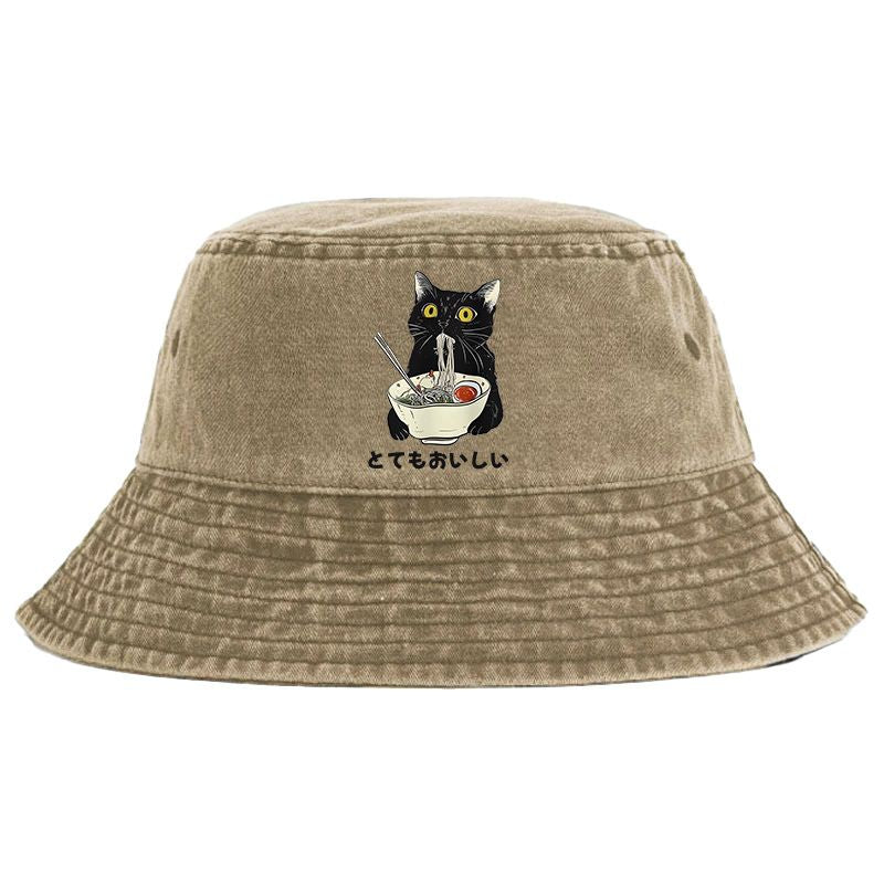 Kyoto-Lion Cats Eat Ramen Noodles Washed Bucket Hat