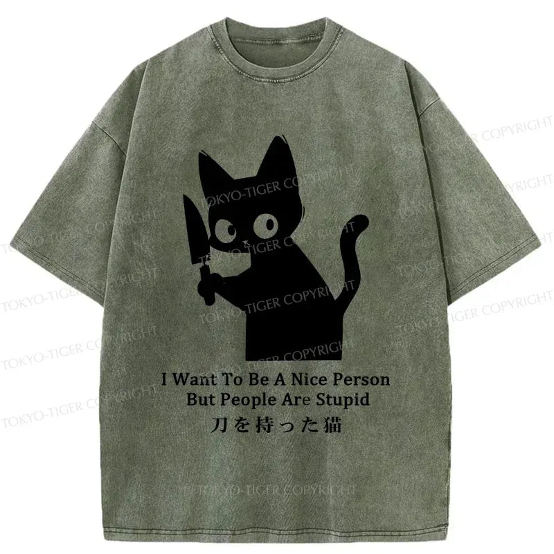Kyoto-Lion Black Cat With A Knife Japan Washed T-Shirt