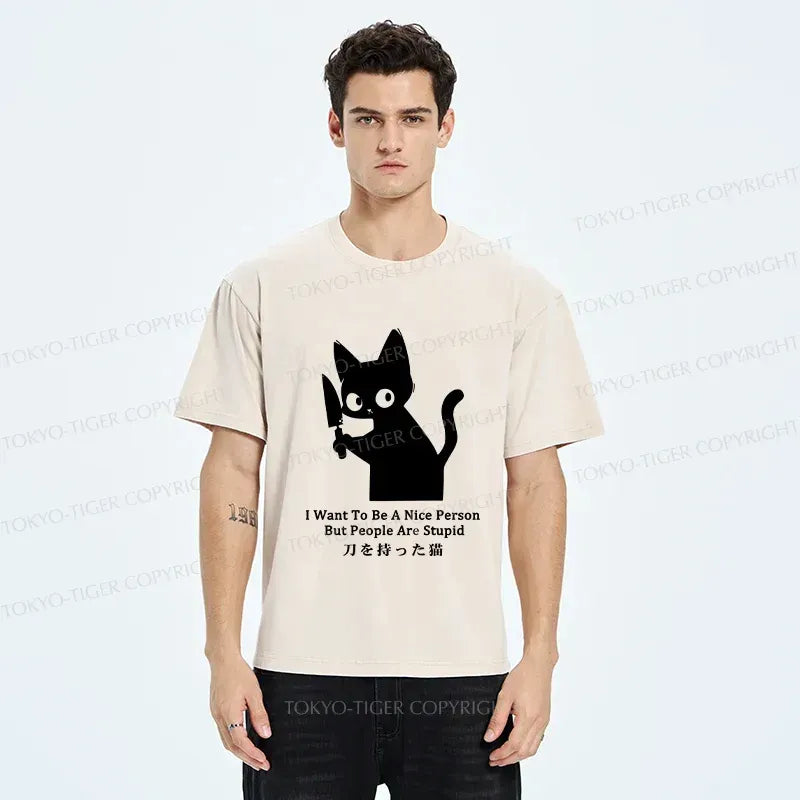 Japanese Washed Black Cat T-Shirt for Streetwear