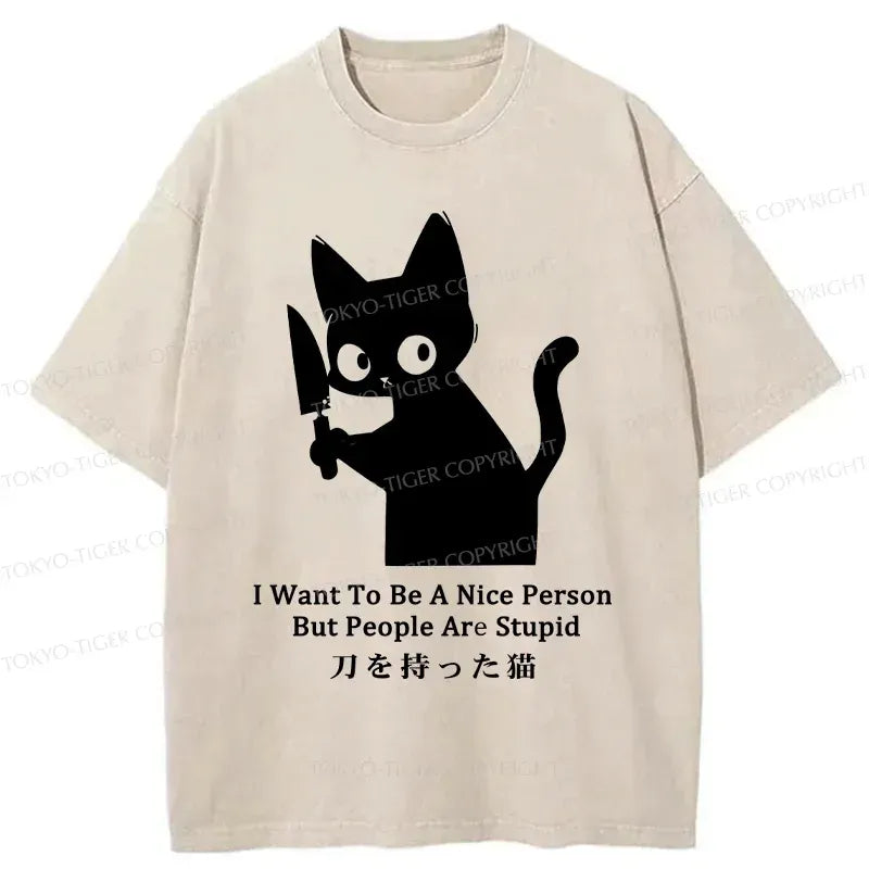 Japanese Washed Black Cat T-Shirt for Streetwear