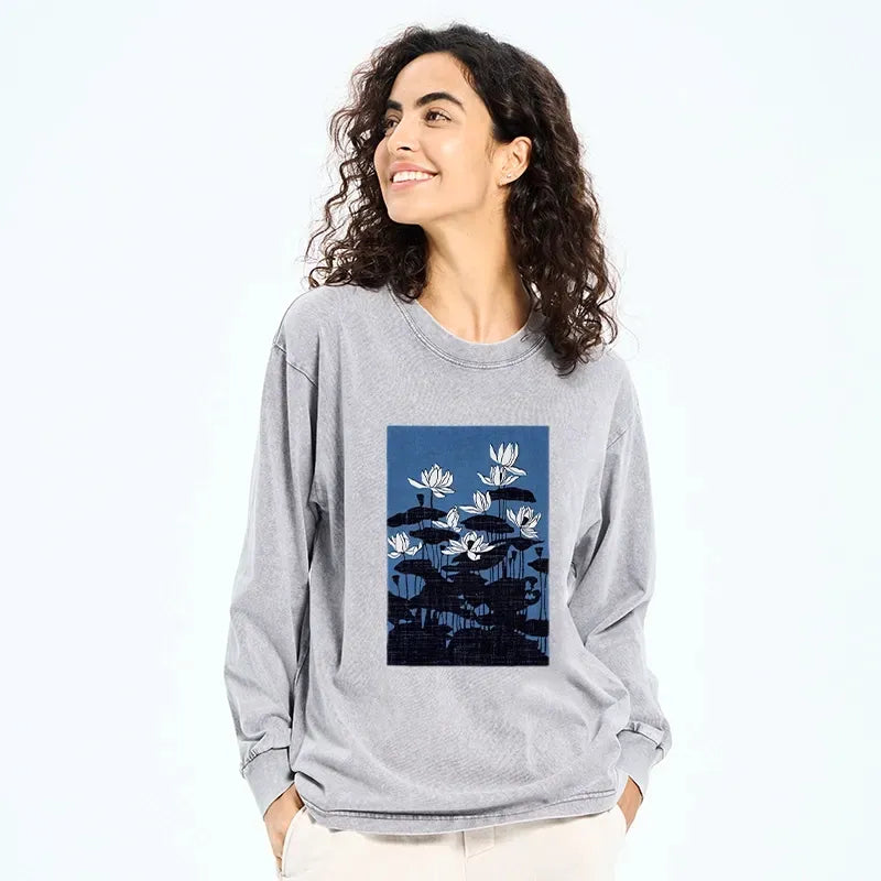 Kyoto-Lion Blue Lotus Japanese Art Washed Long Sleeve T-Shirt