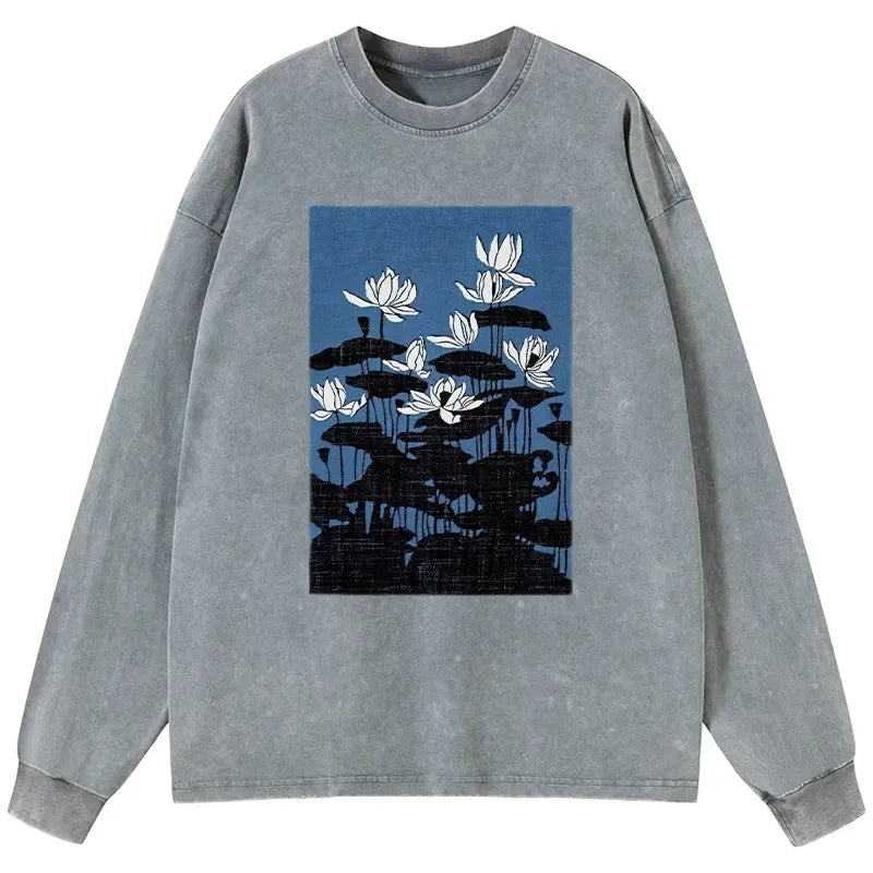 Kyoto-Lion Blue Lotus Japanese Art Washed Long Sleeve T-Shirt