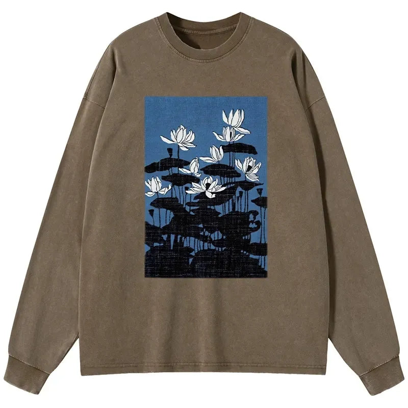 Kyoto-Lion Blue Lotus Japanese Art Washed Long Sleeve T-Shirt