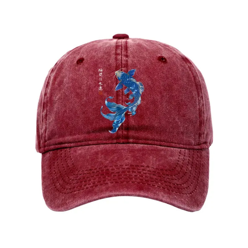 Kyoto-Lion Lucky Blue Koi Fish Art Washed Cap