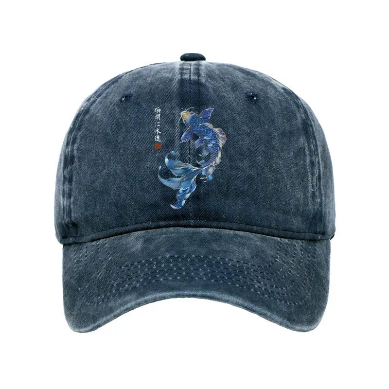 Kyoto-Lion Lucky Blue Koi Fish Art Washed Cap