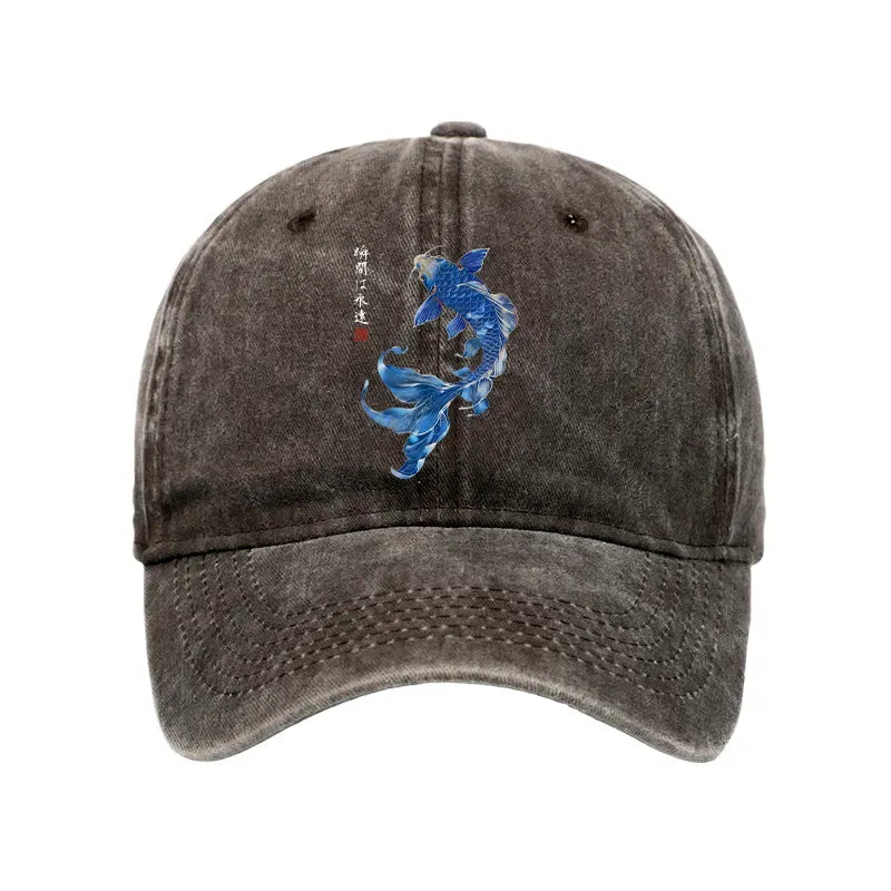 Kyoto-Lion Lucky Blue Koi Fish Art Washed Cap