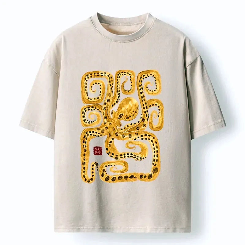 Kyoto-Lion Golden Spotted Octopus Asian Print Washed T-Shirt