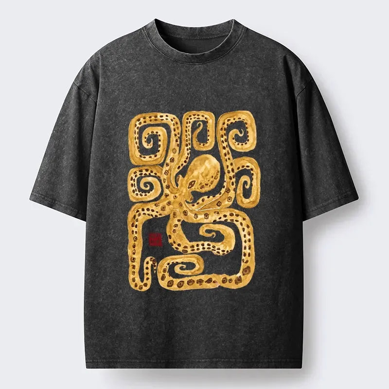 Kyoto-Lion Golden Spotted Octopus Asian Print Washed T-Shirt