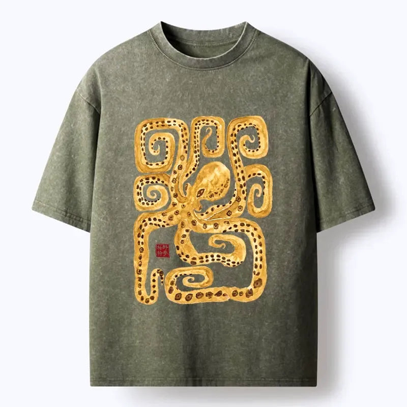 Golden Spotted Octopus Washed T-Shirt for Summer