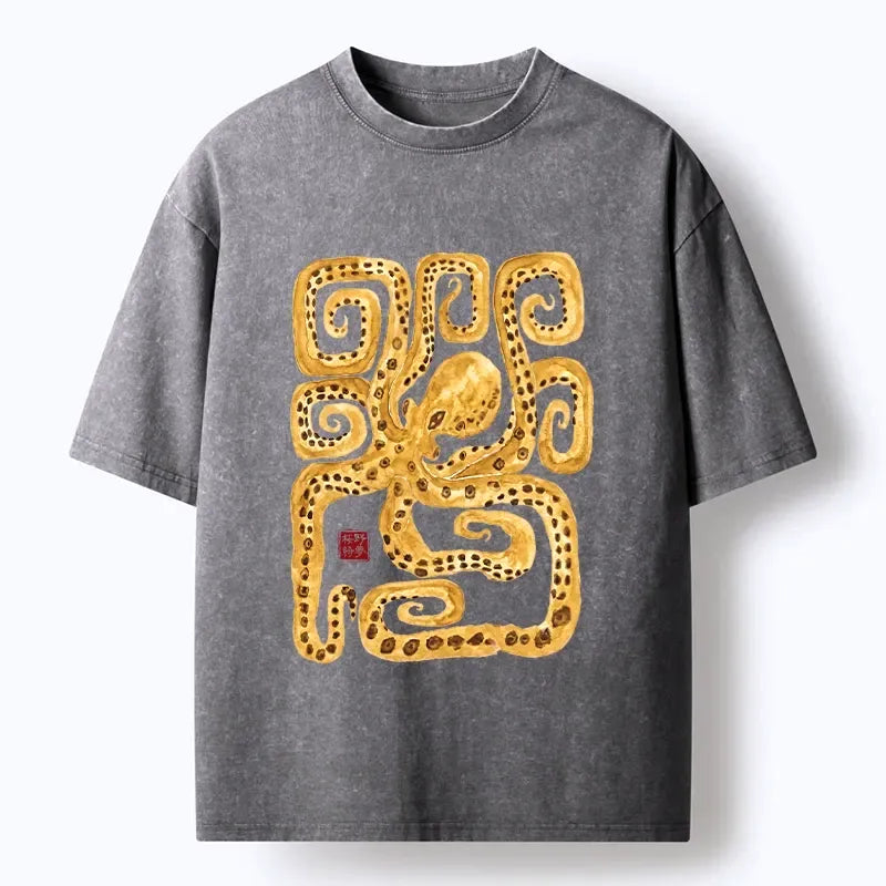 Kyoto-Lion Golden Spotted Octopus Asian Print Washed T-Shirt