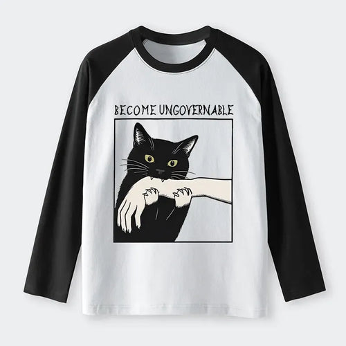 Kyoto-Lion Black Cat Biting Raglan Long Sleeve T-shirt