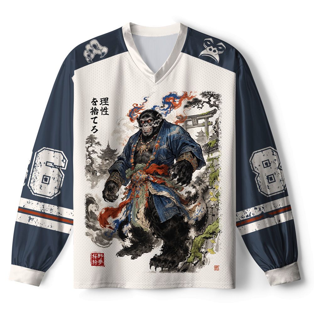Kyoto-Lion Japanese Demon Gorilla Ukiyo-e Art Paneled Long Sleeve Jersey