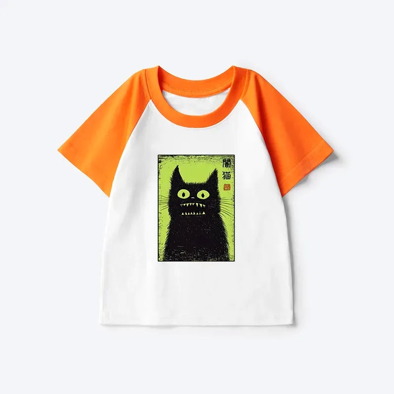 Kyoto-Lion Spooky Black Cat Japanese Kids Raglan T-shirt