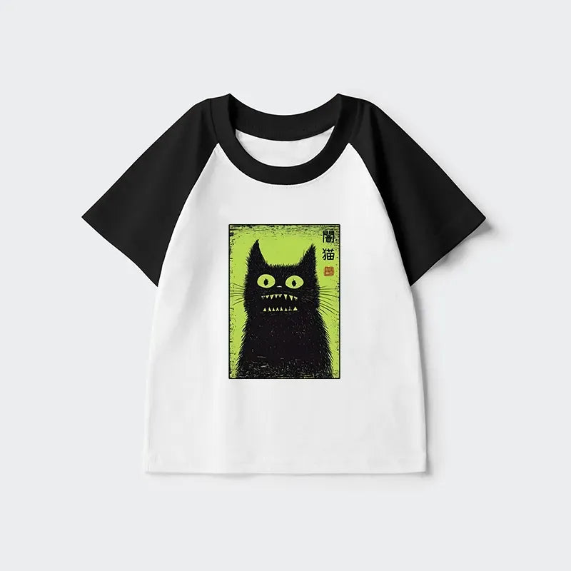 Kyoto-Lion Spooky Black Cat Japanese Kids Raglan T-shirt