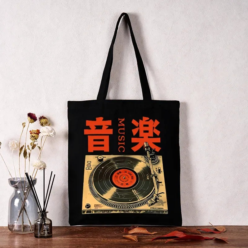 vintage canvas tote bag with record player print