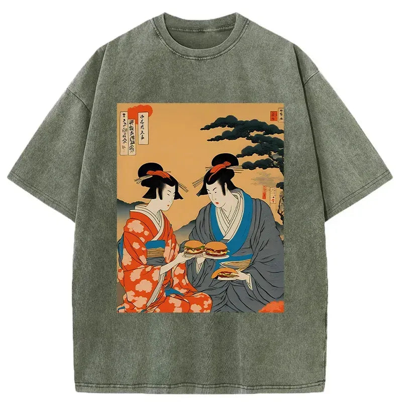 japanese geisha eating burgers t-shirt