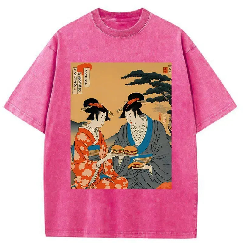 japanese geisha eating burgers t-shirt