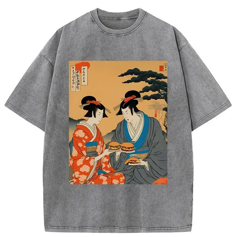 Kyoto-Lion Geisha Eating Burgers Washed T-Shirt