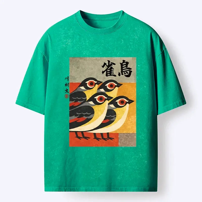 Kyoto-Lion Cute Sparrows In Retro Japanese Print Washed T-Shirt