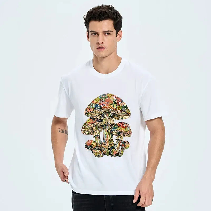 Kyoto-Lion Tiny Black Cat Under Wild Rainbow Mushrooms Classic T-Shirt